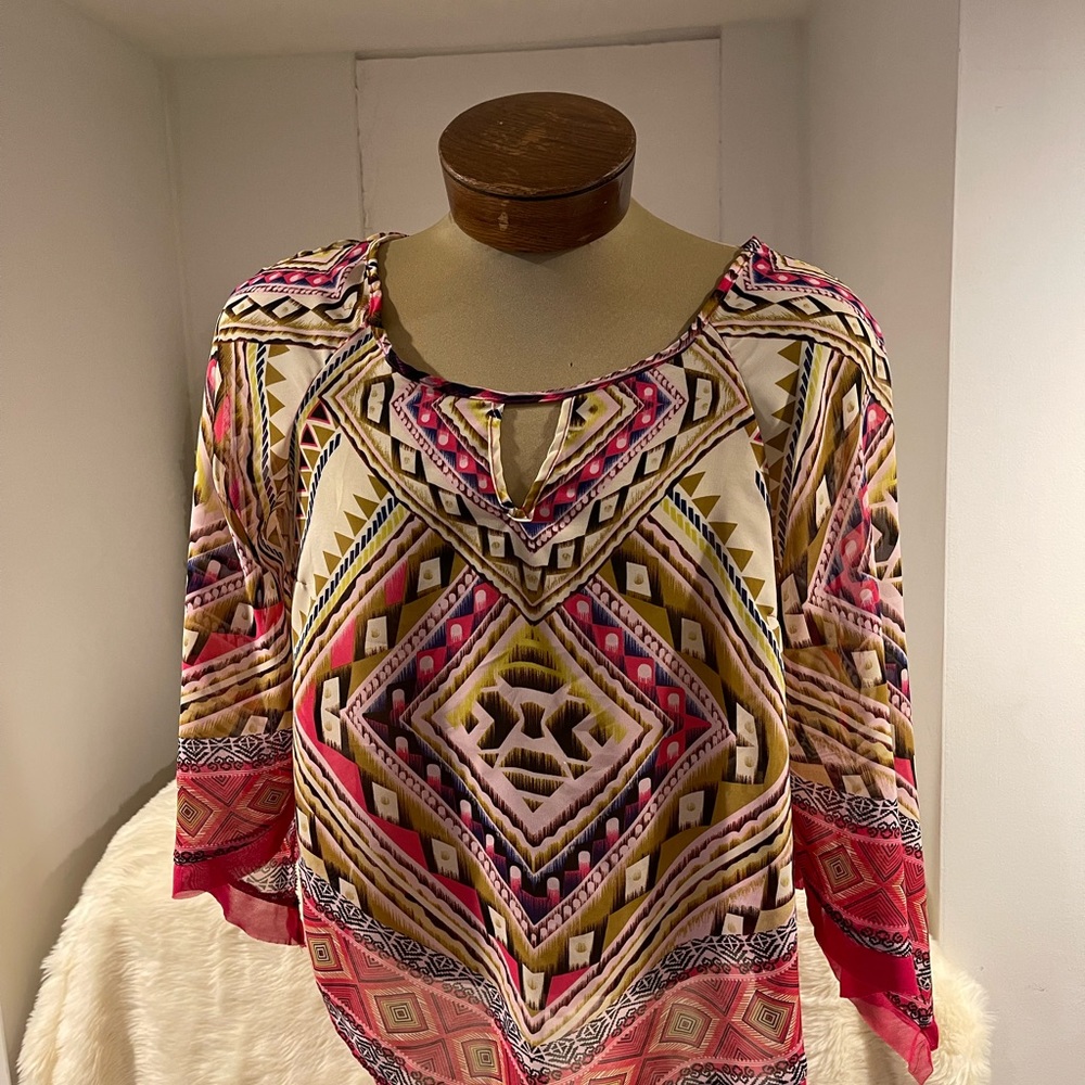 Unique Spectrum. Pink Tunic Flare Sheer Silk Chiffon Blouse. Size L.